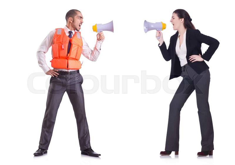Businessman in protective vest and businesswoman with loudspeakers isolated on white, stock photo