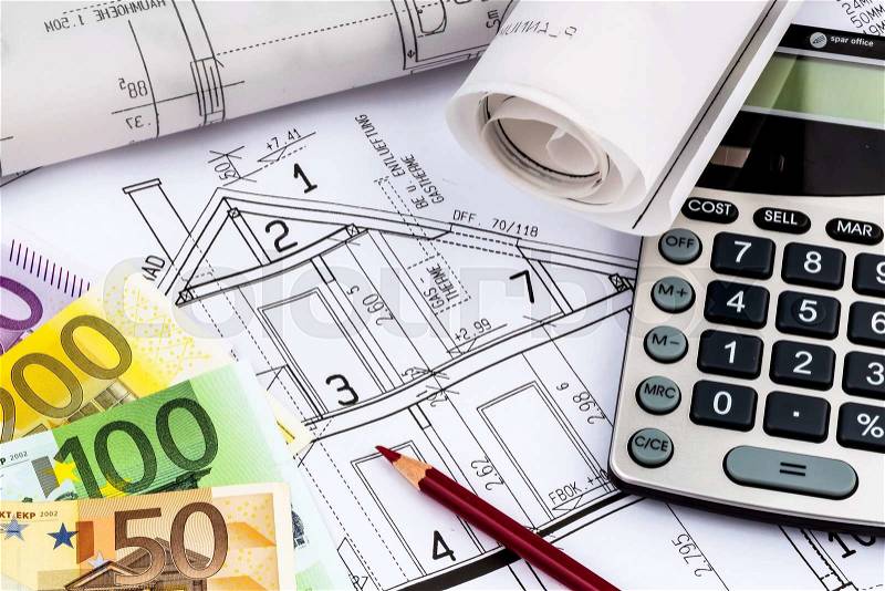 A blueprint of an architect with a calculator and euro money. symbolic photo for financing and planning of a new house, stock photo