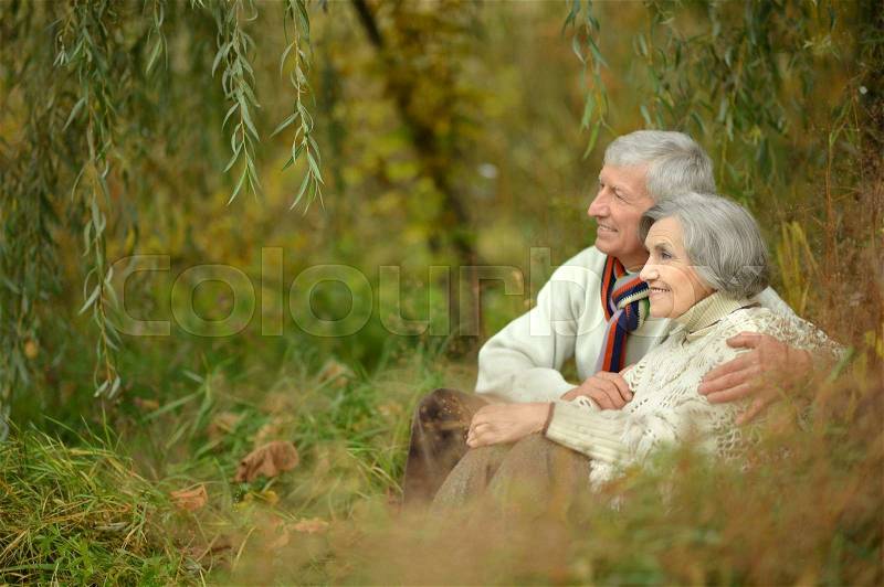 Portrait of a happy elderly couple in autumn park, stock photo