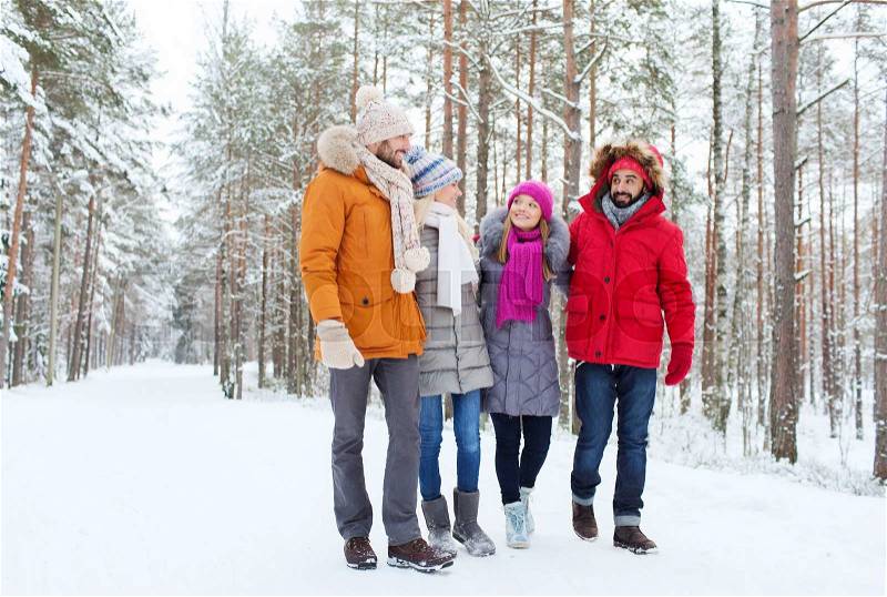 Love, relationship, season, friendship and people concept - group of smiling men and women walking and talking in winter forest, stock photo