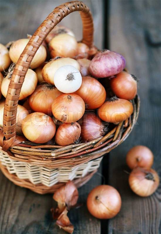 Small onion in a wicker basket from vines, stock photo