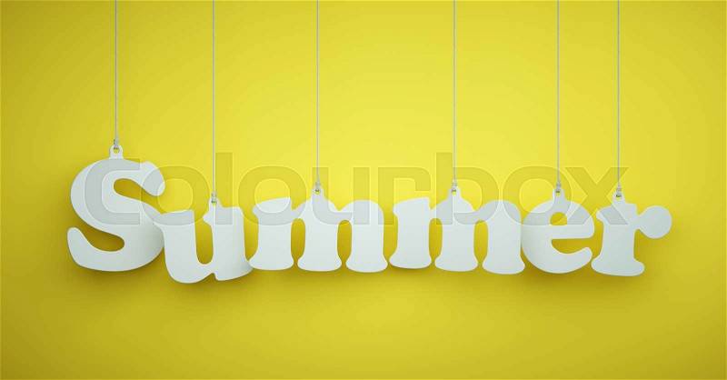 Summer - the Word of the White Letters Hanging on the Ropes on a Yellow Background, stock photo