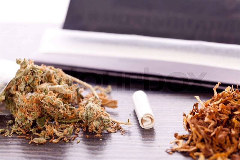 Close up Dried Cannabis Leaves on a Resealable Cellophane Wrapper and a Rolling Paper with Filter on Top of the Table, stock photo