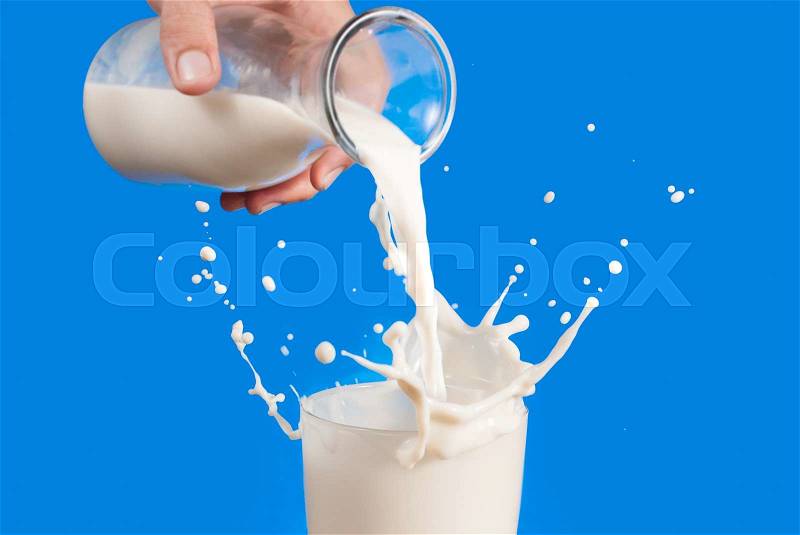 Milk from a jug pouring into glass on a blue background, stock photo