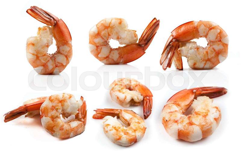 Collage of Cooked shrimp isolated on white background, stock photo