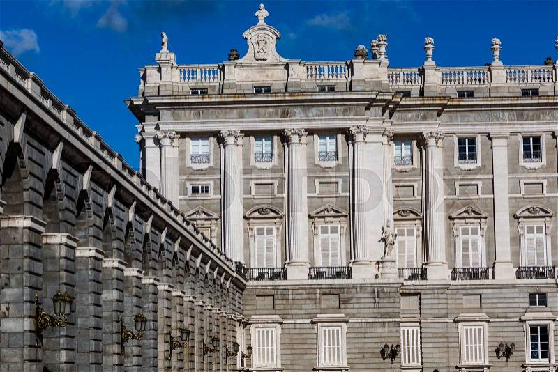 The Palacio Real de Madrid or Royal Palace of Madrid is the official residence of the Spanish Royal Family at the city of Madrid, stock photo