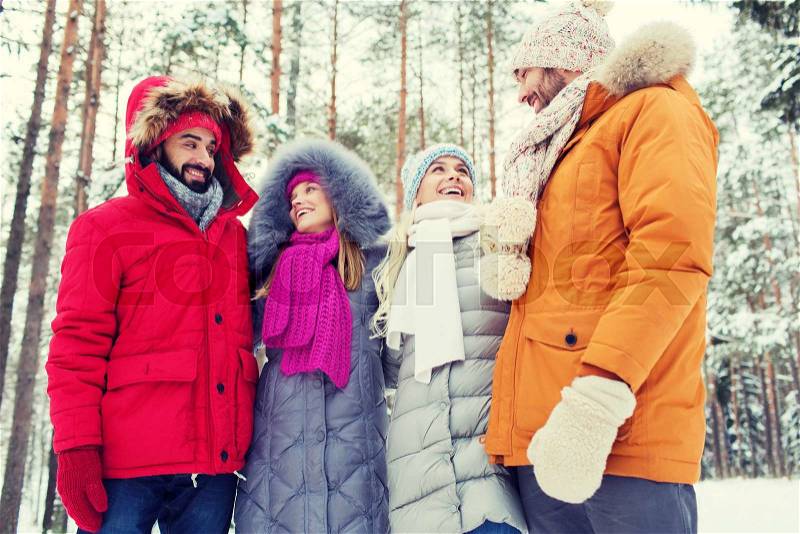 Love, relationship, season, friendship and people concept - group of smiling men and women talking in winter forest, stock photo