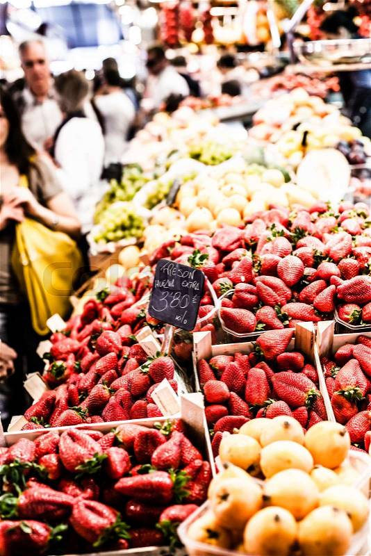 Fruits stand in La Boqueria market, Barcelona Spain, stock photo