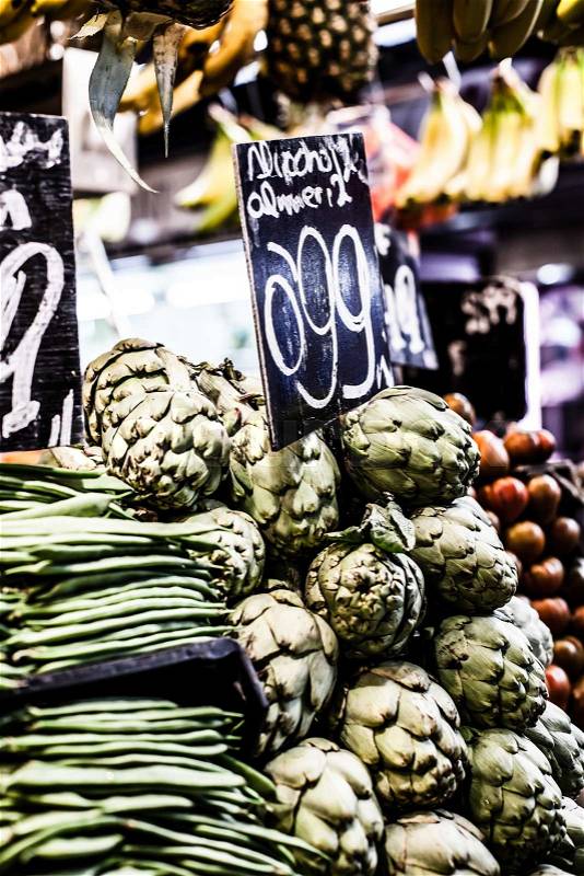 Fresh green Cherimoyas in Central Market, Barcelona, Spain, stock photo