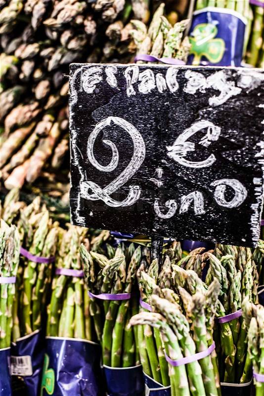 Green asparagus on mediterranean market stand, stock photo