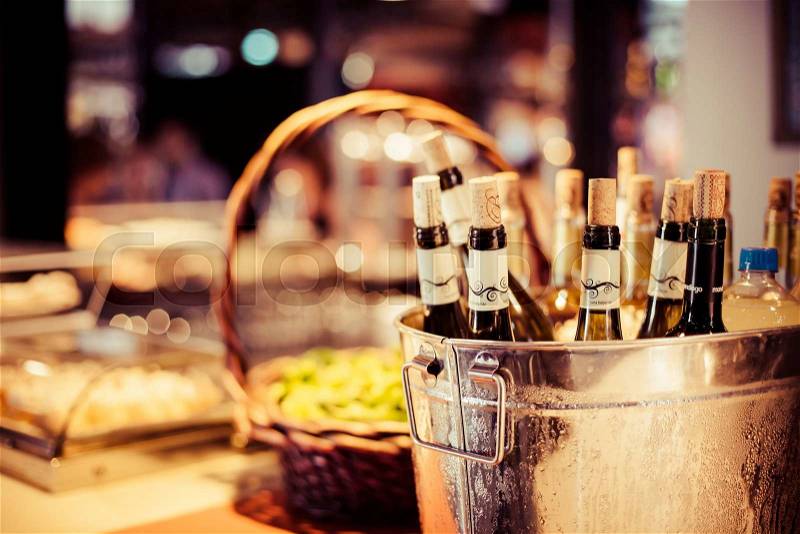 Wine bar tasting set up tray decoration bottles in restaurant , stock photo