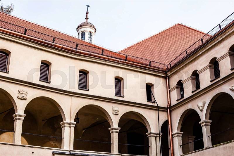 Courtyard castle arcades Pieskowa Skala , medieval building near Krakow, Poland , stock photo