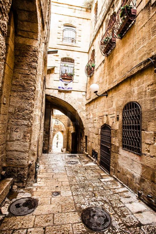 Narrow stone streets of ancient Tel Aviv, Israel, stock photo