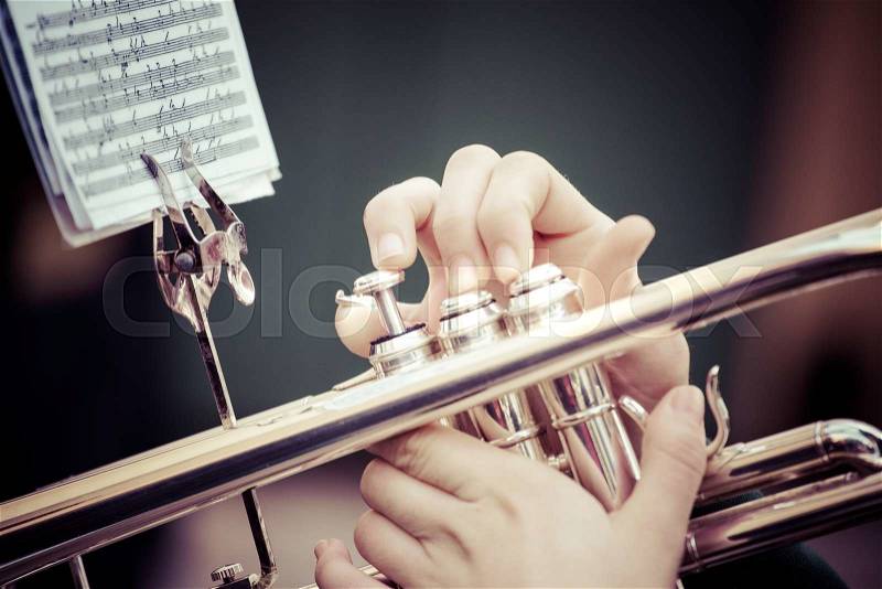 Vintage trombones playing in a big band, stock photo