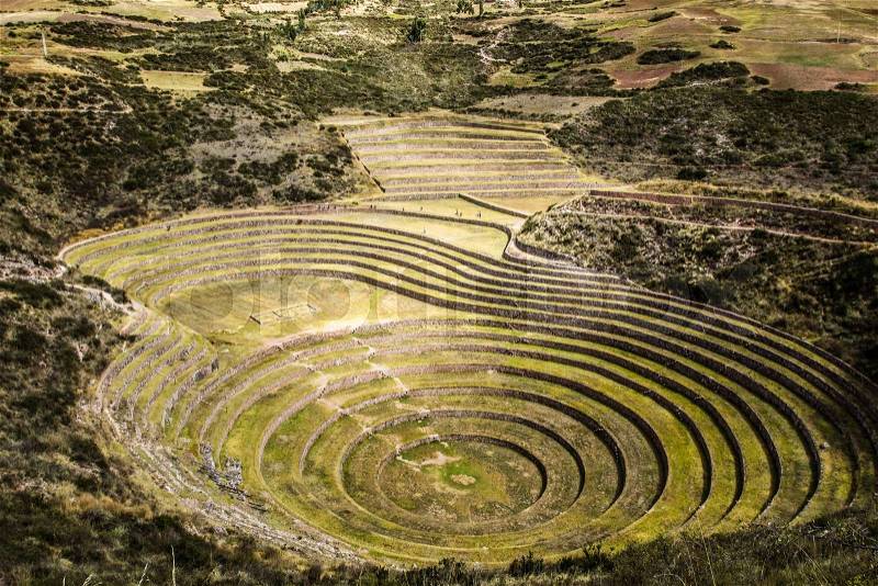 Peru, Moray, ancient Inca circular terraces. Probable there is the Incas laboratory of agriculture , stock photo