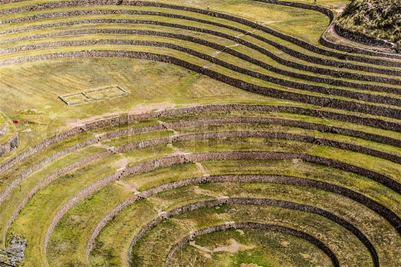 Peru, Moray, ancient Inca circular terraces. Probable there is the Incas laboratory of agriculture , stock photo