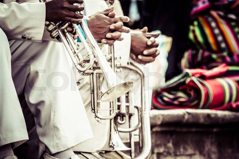 Trombones playing in a big band. , stock photo