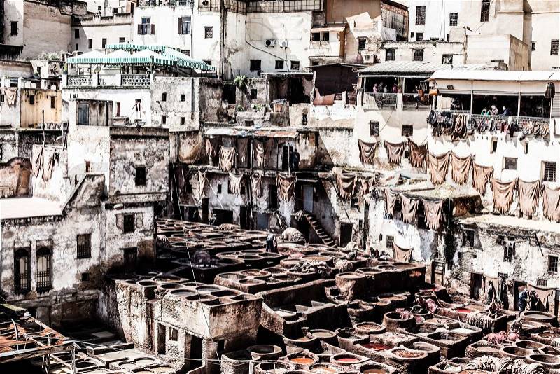 Tanneries of Fes, Morocco, AfricaOld tanks of the Fez\'s tanneries with color paint for leather, Morocco, Africa, stock photo