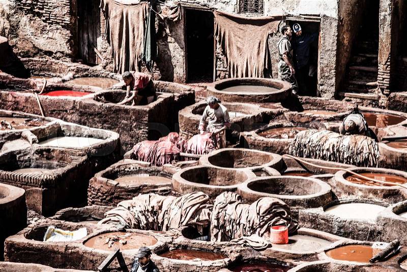 Tanneries of Fes, Morocco, AfricaOld tanks of the Fez\'s tanneries with color paint for leather, Morocco, Africa, stock photo