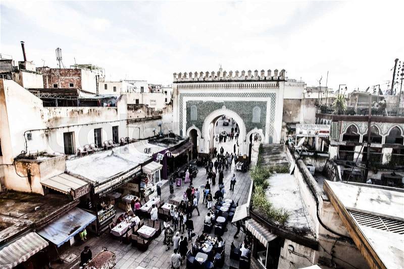 Bab Bou Jeloud gate (The Blue Gate) located at Fez, Morocco, stock photo