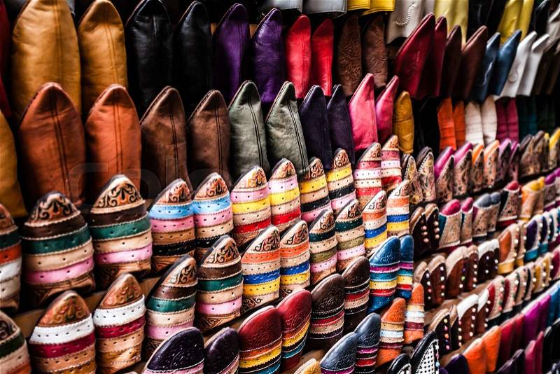 Multicoloured Moroccan slippers, Marrakesh, stock photo