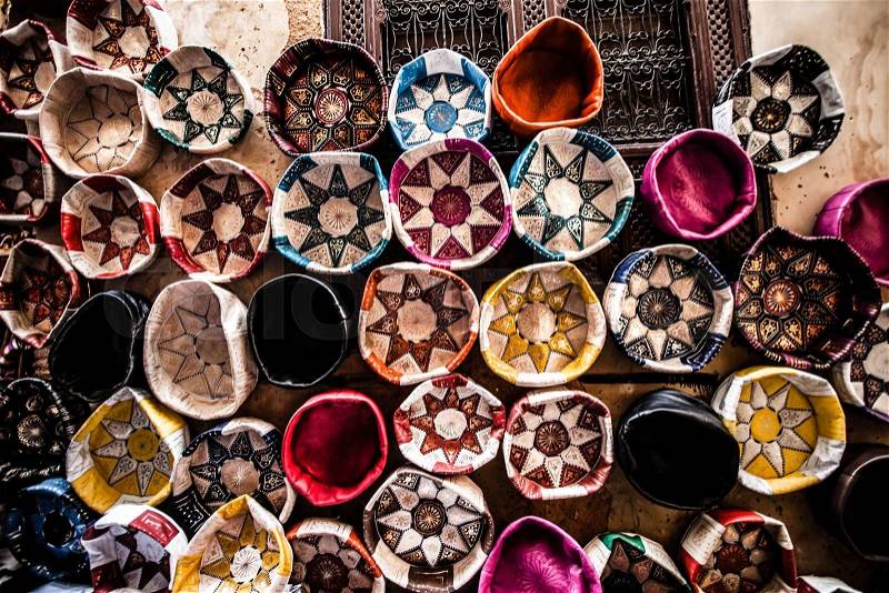 Bags, purses, hats and other products of the Moroccan leather factories , stock photo