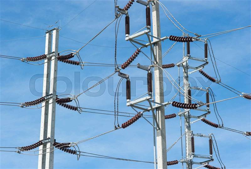 Electricity post in blue sky at Thailand, stock photo