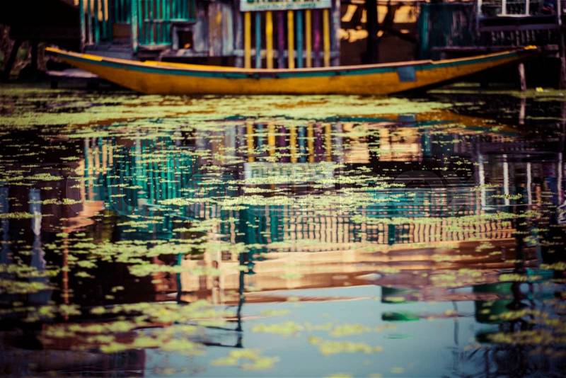 Shikara boat in Dal lake , Kashmir India , stock photo