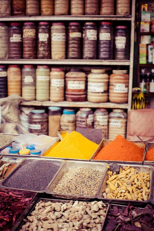 Traditional spices market in India, stock photo
