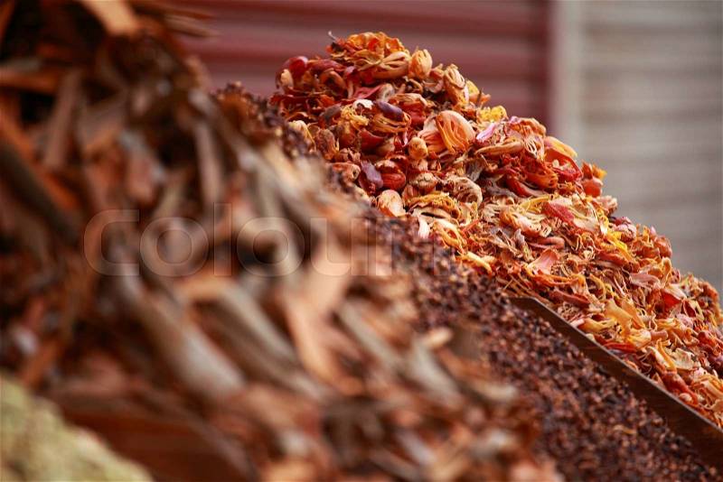 Traditional spices and dry fruits in local bazaar in India, stock photo
