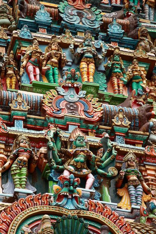Kali image. Sculptures on Hindu temple gopura (tower). Menakshi Temple, Madurai, Tamil Nadu, India , stock photo