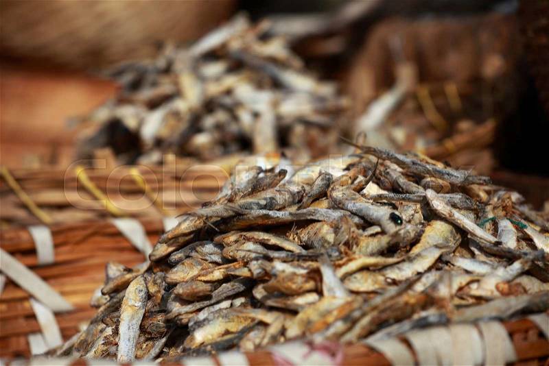 Dried fish, seafood product at market from India, stock photo