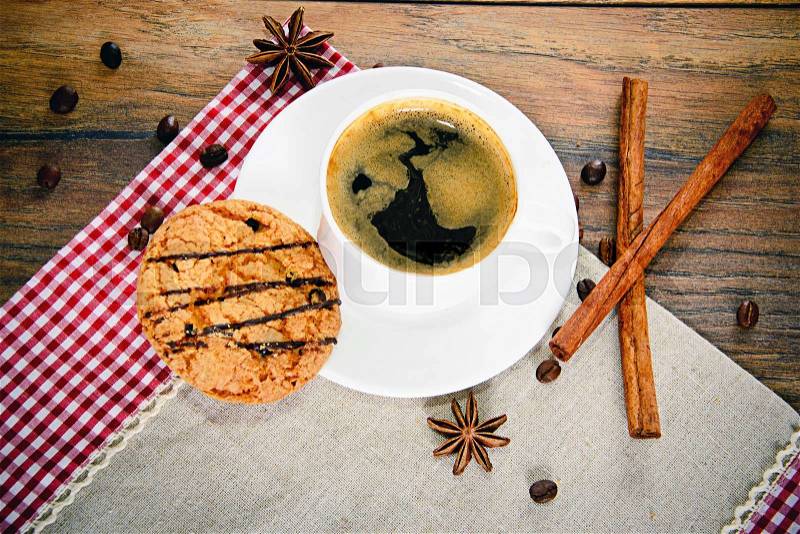 Coffee with Bakery on Woody Retro Background, stock photo