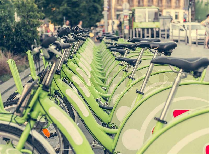City bikes for rent Rental in Europe, stock photo