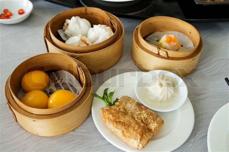 Group of stream Dim Sum chinese food (selective focus), stock photo