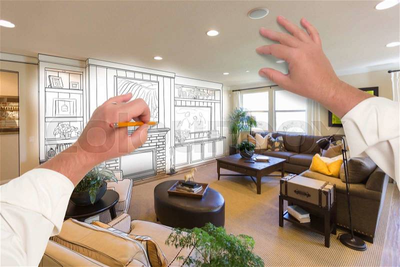 Male Hands Drawing Entertainment Center Unit Over Photo of Beautiful Home Interior, stock photo