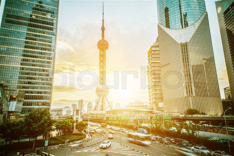 Panorama view of Shanghai city scape in sunset time. Aerial point, stock photo