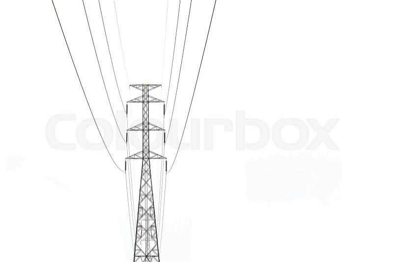 High voltage towers with power lines isolated on white background, stock photo
