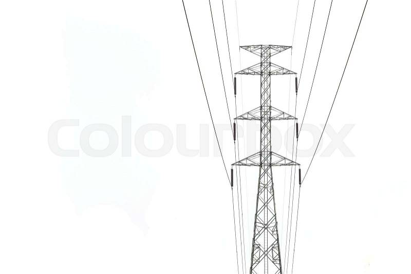 High voltage towers with power lines isolated on white background, stock photo
