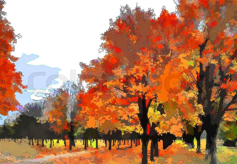 Illustration. Painting. Artwork. Art autumn landscape as oil painting. Grunge picture showing trees, stock photo