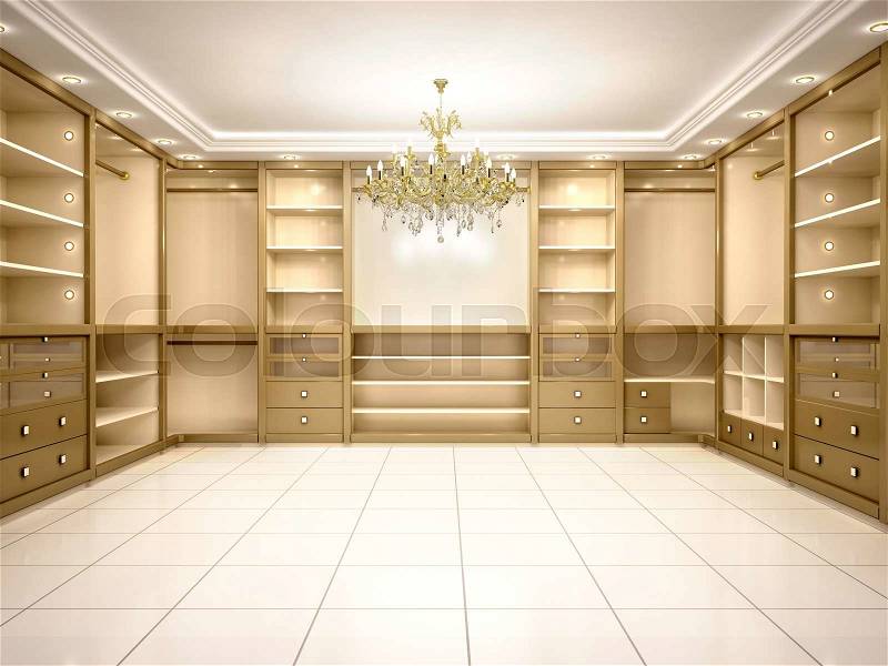 3d illustration of Big empty walk in wardrobe in luxurious house, stock photo