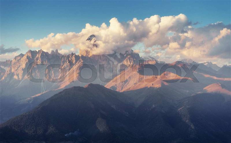 Autumn landscape and snow-capped mountain peaks. View of the mountain with Mount Ushba Mheyer, Georgia. George europe, stock photo