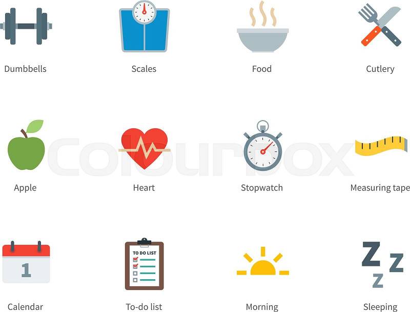 Pictogram collection of Fitness and Healthy Lifestyle, Food, Diet, Training Days, Scales for Gum 