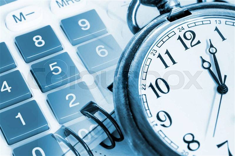 Business concept with pocket watch, calculator and documents, stock photo