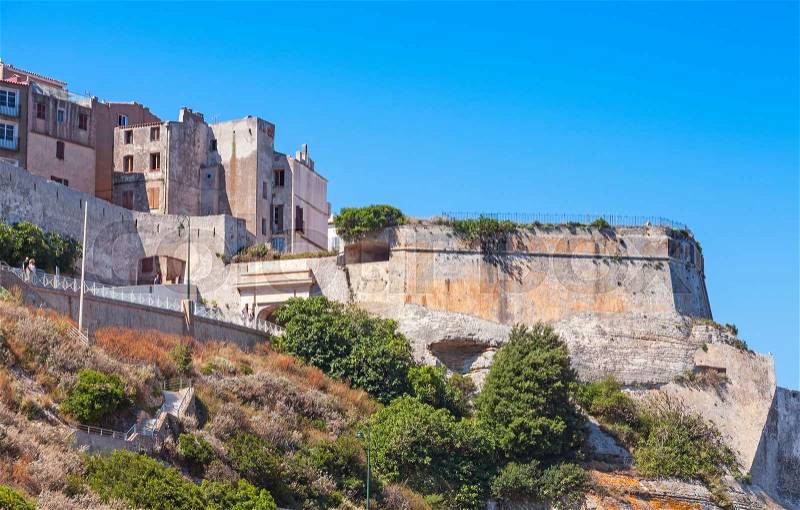 Skyline of Bonifacio, stone houses and fortress. Corsica island, France, stock photo