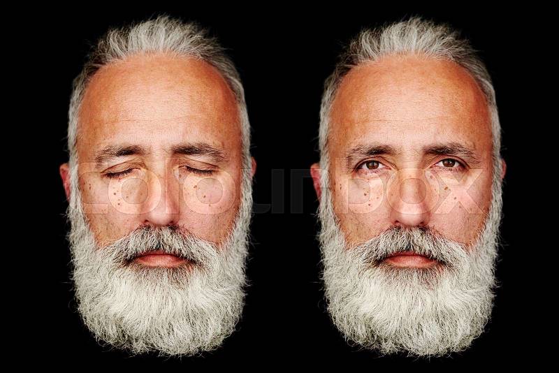 Two faces of senior bearded man over black background, stock photo