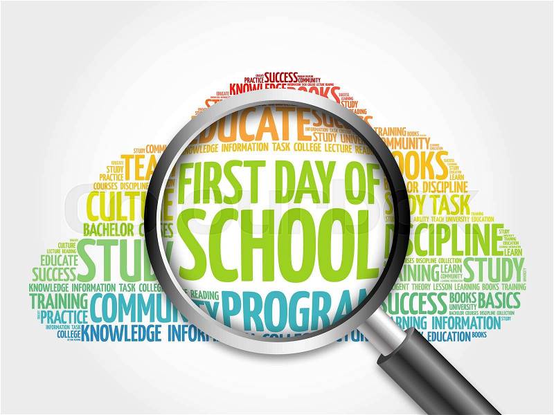 First day of school word cloud with magnifying glass, concept, stock photo