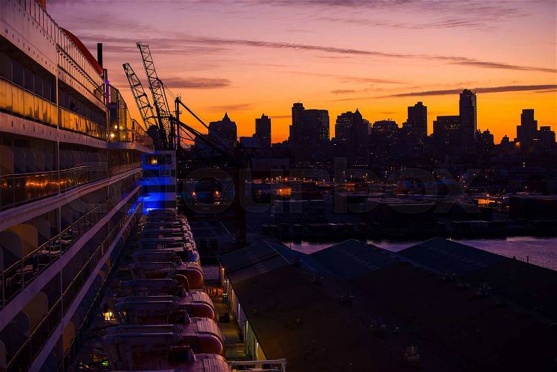 Brooklyn New York Sunrise From the Large Cruise Ship Docked at Brooklyn Terminal. New York City, United States, stock photo