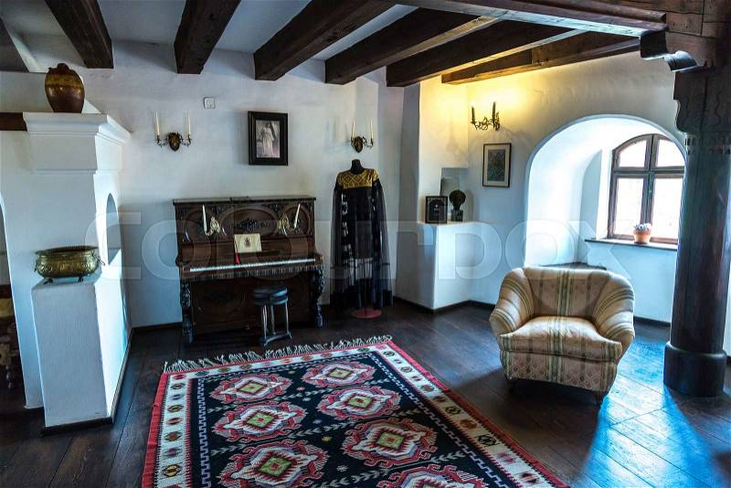 TRANSYLVANIA, ROMANIA - JUNE 15, 2015: Interior of Bran Castle (Dracula\'s Castle) in a summer day in Transylvania, Romania, stock photo