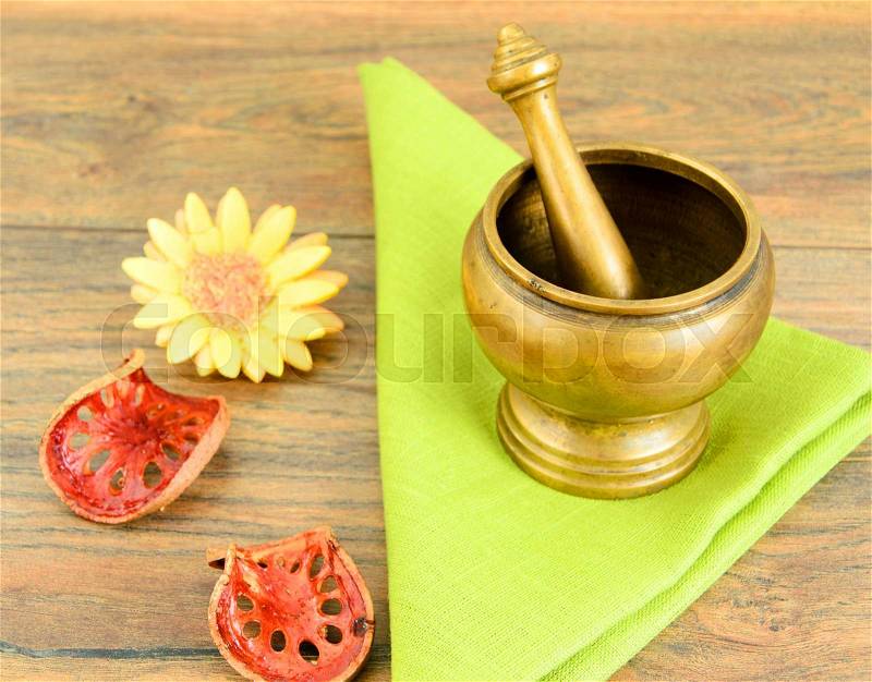 Culinary Mortar and Collection of Natural Herbs for Decoration and Flavor. Studio Photo, stock photo